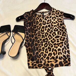 Brown and Black Tie Front Leopard Print Blouse